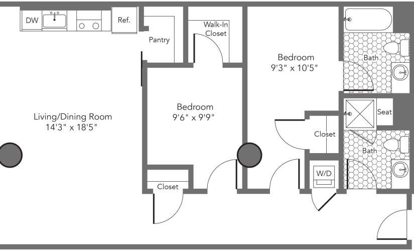 2A - 2 bedroom floorplan layout with 2 bathrooms and 983 square feet